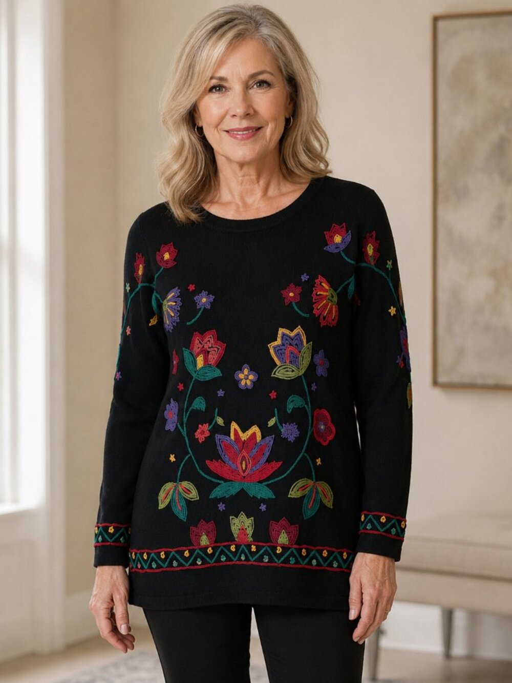 Carole Little Black Floral Embroidered Knit Tunic Sweater Boho Cottagecore Sz M